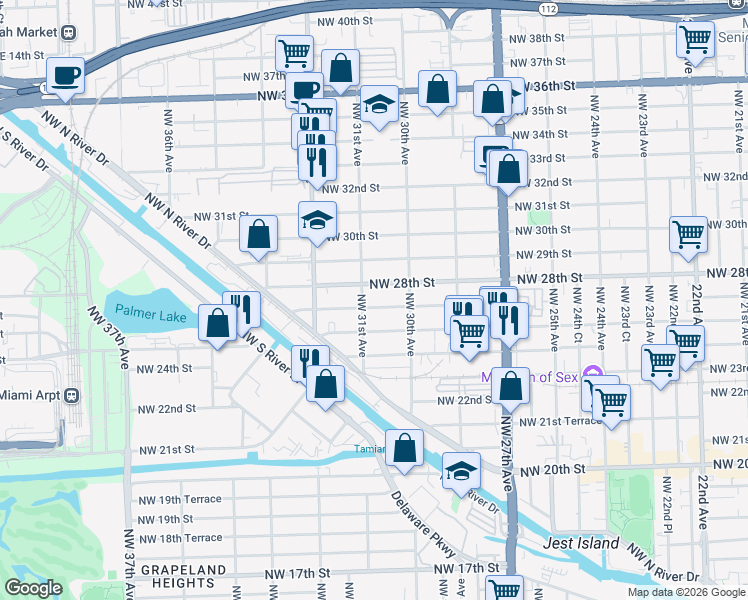 map of restaurants, bars, coffee shops, grocery stores, and more near 3075 Northwest 28th Street in Miami
