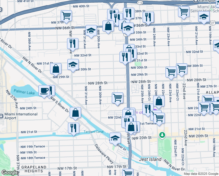map of restaurants, bars, coffee shops, grocery stores, and more near 2912 Northwest 28th Street in Miami