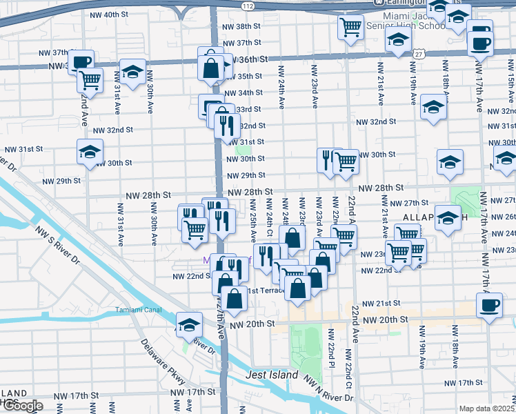 map of restaurants, bars, coffee shops, grocery stores, and more near 2725 Northwest 25th Avenue in Miami