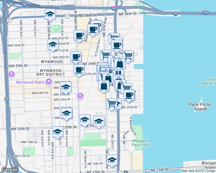 map of restaurants, bars, coffee shops, grocery stores, and more near 218 Northeast 25th Street in Miami
