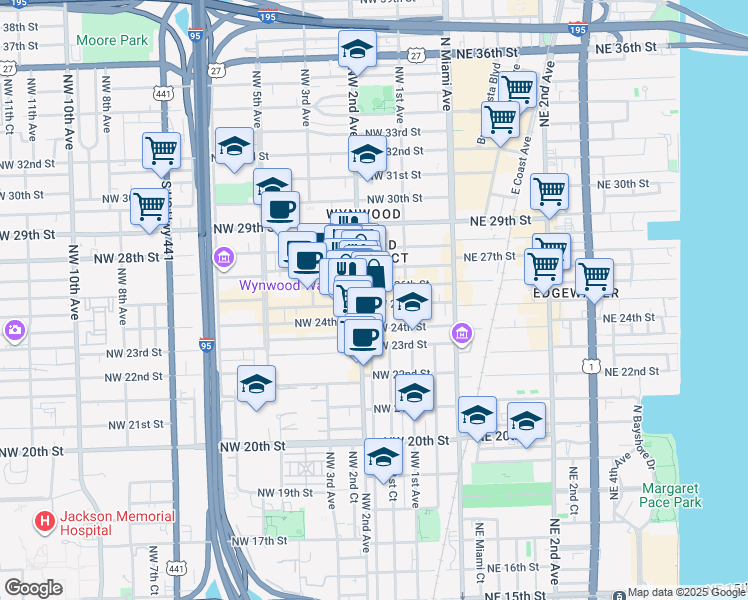 map of restaurants, bars, coffee shops, grocery stores, and more near 217 Northwest 25th Street in Miami
