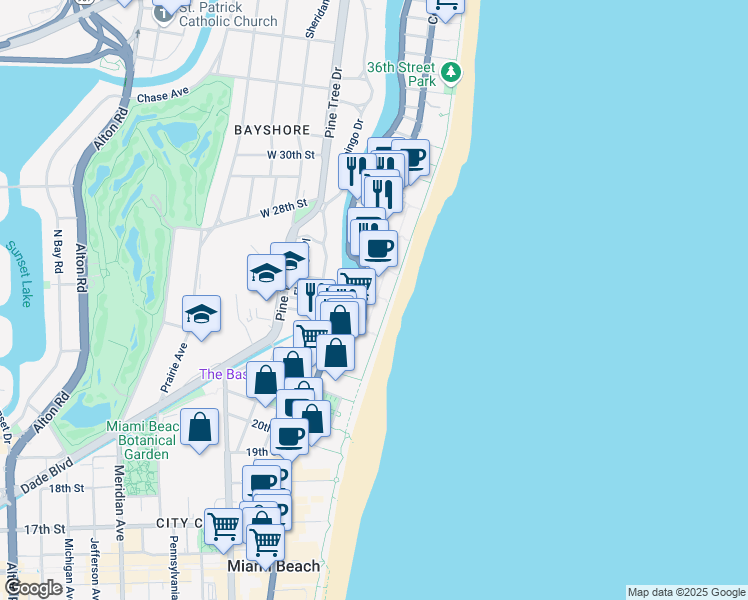 map of restaurants, bars, coffee shops, grocery stores, and more near 2469 Collins Avenue in Miami Beach