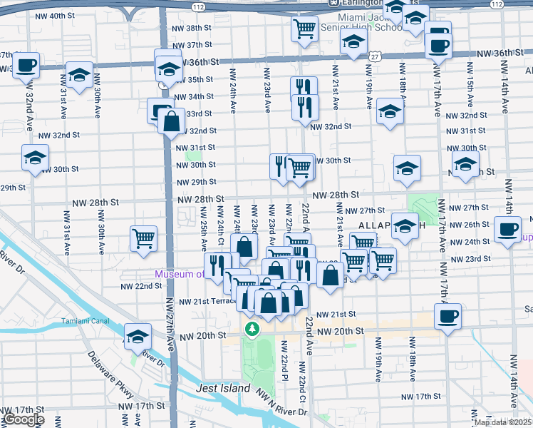 map of restaurants, bars, coffee shops, grocery stores, and more near 2731 Northwest 23rd Avenue in Miami