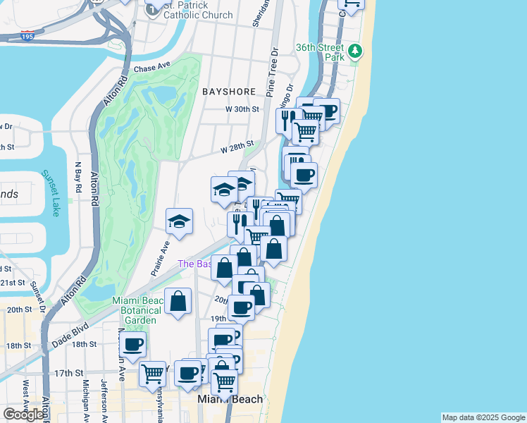 map of restaurants, bars, coffee shops, grocery stores, and more near 320 West 25th Street in Miami Beach