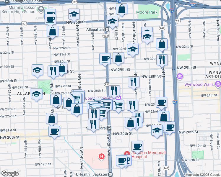 map of restaurants, bars, coffee shops, grocery stores, and more near 2650 Northwest 12th Avenue in Miami