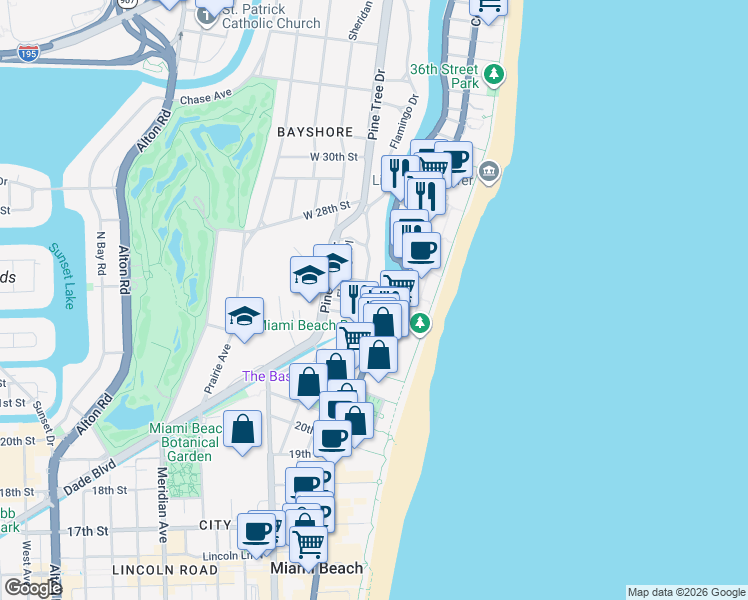 map of restaurants, bars, coffee shops, grocery stores, and more near 2455 Flamingo Drive in Miami Beach