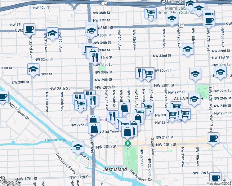map of restaurants, bars, coffee shops, grocery stores, and more near 2430 Northwest 28th Street in Miami