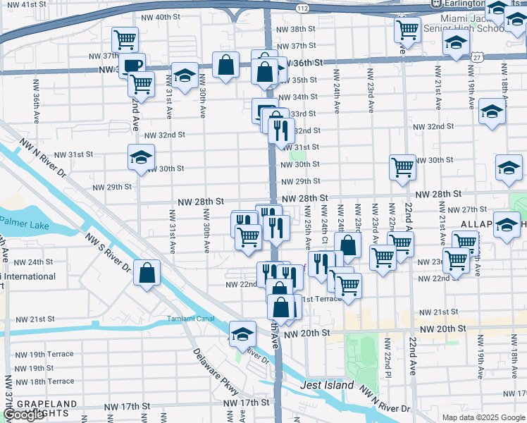 map of restaurants, bars, coffee shops, grocery stores, and more near 2738 Northwest 28th Street in Miami