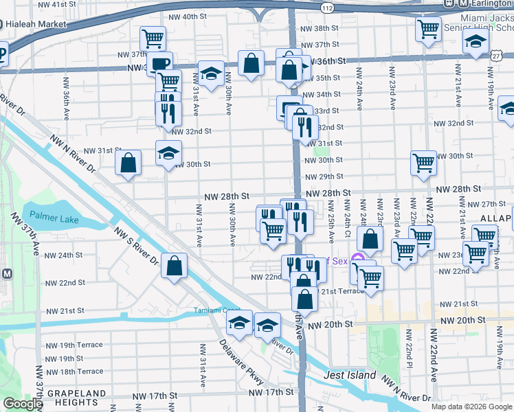 map of restaurants, bars, coffee shops, grocery stores, and more near 2912 Northwest 28th Street in Miami