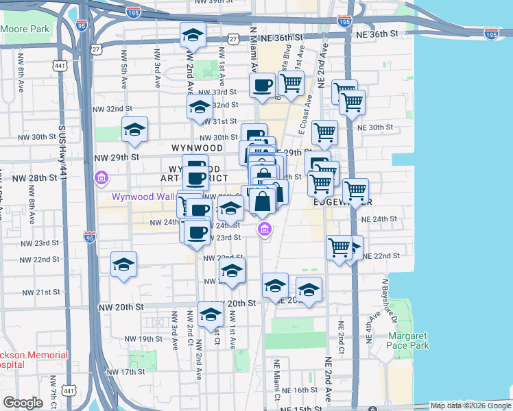 map of restaurants, bars, coffee shops, grocery stores, and more near 28 Northeast 26th Street in Miami