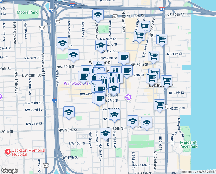 map of restaurants, bars, coffee shops, grocery stores, and more near in Miami