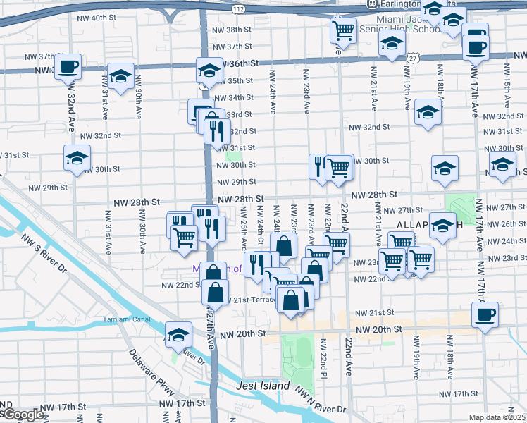 map of restaurants, bars, coffee shops, grocery stores, and more near 2430 Northwest 28th Street in Miami