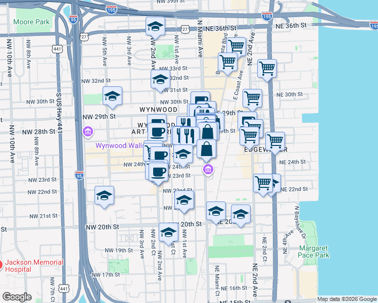 map of restaurants, bars, coffee shops, grocery stores, and more near 42 Northwest 26th Street in Miami