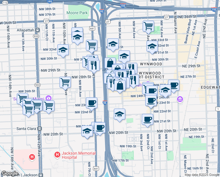 map of restaurants, bars, coffee shops, grocery stores, and more near 584 Northwest 27th Street in Miami