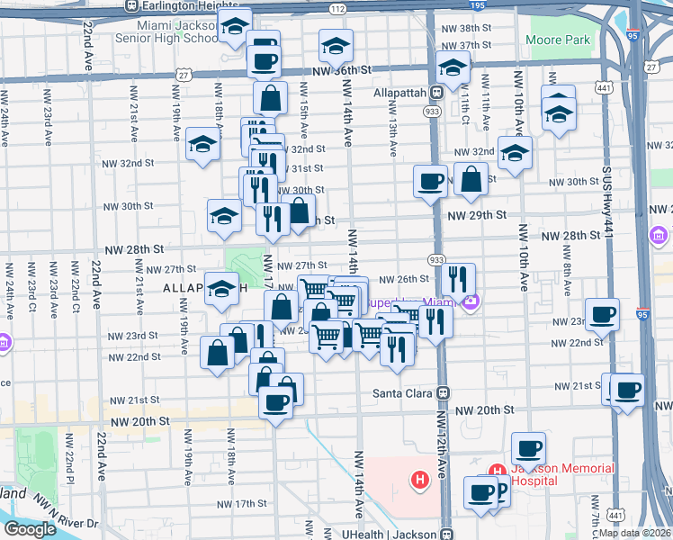 map of restaurants, bars, coffee shops, grocery stores, and more near 1425 Northwest 27th Street in Miami