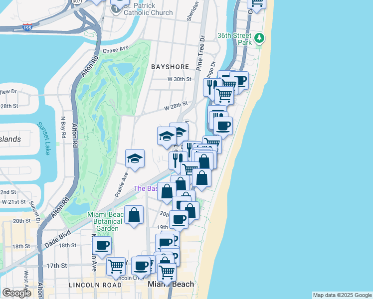 map of restaurants, bars, coffee shops, grocery stores, and more near 320 West 25th Street in Miami Beach