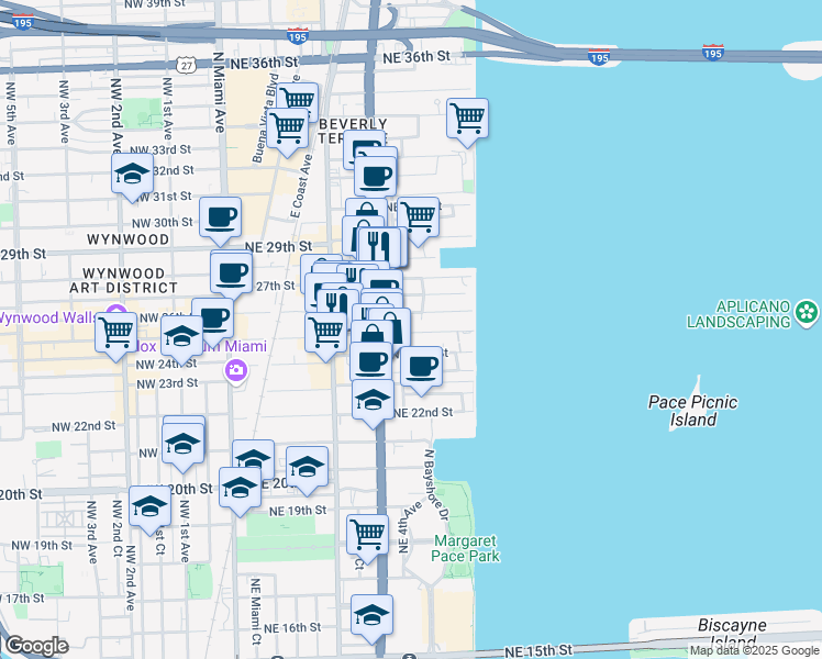 map of restaurants, bars, coffee shops, grocery stores, and more near in Miami