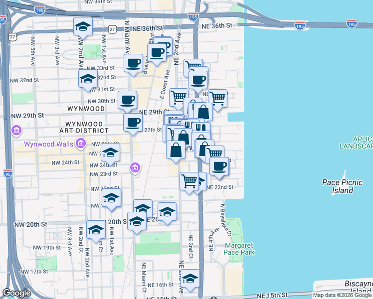 map of restaurants, bars, coffee shops, grocery stores, and more near in Miami