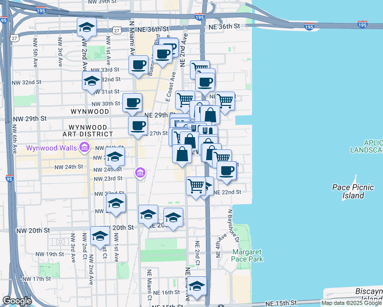 map of restaurants, bars, coffee shops, grocery stores, and more near in Miami