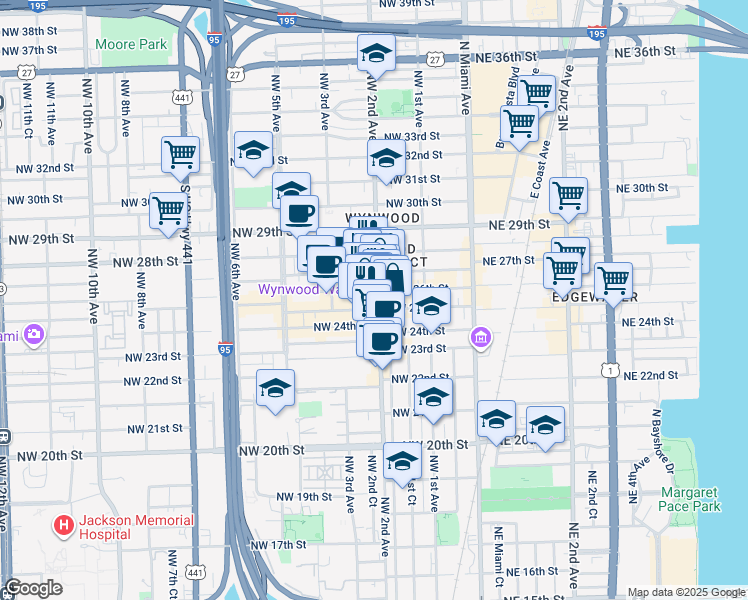 map of restaurants, bars, coffee shops, grocery stores, and more near 217 Northwest 25th Street in Miami