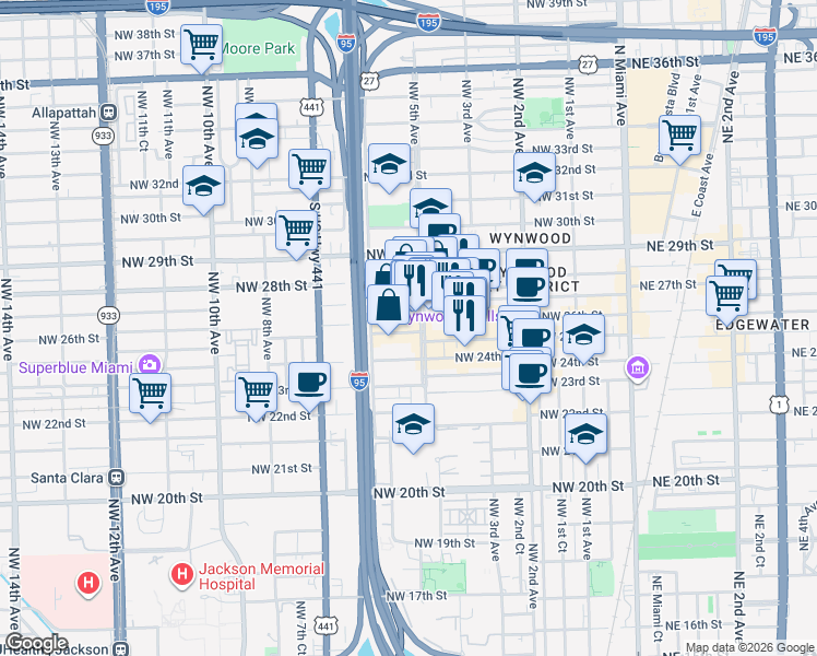 map of restaurants, bars, coffee shops, grocery stores, and more near 2626 Northwest 5th Avenue in Miami
