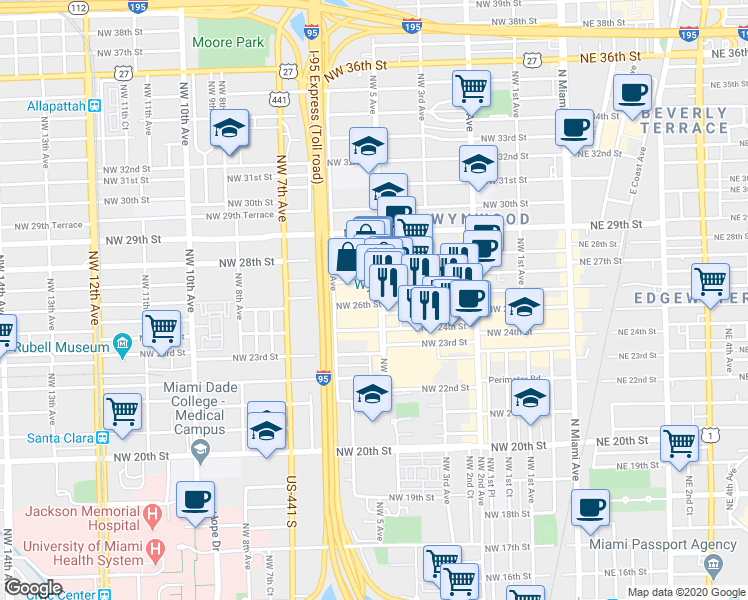 map of restaurants, bars, coffee shops, grocery stores, and more near 2626 Northwest 5th Avenue in Miami