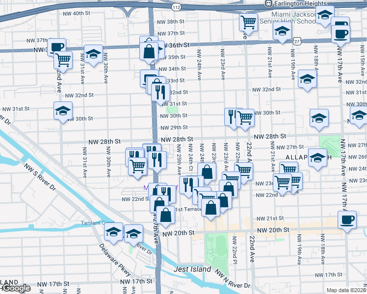 map of restaurants, bars, coffee shops, grocery stores, and more near 2725 Northwest 25th Avenue in Miami