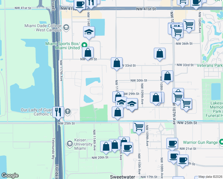 map of restaurants, bars, coffee shops, grocery stores, and more near 2900 Northwest 112th Avenue in Doral