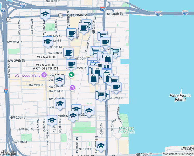 map of restaurants, bars, coffee shops, grocery stores, and more near in Miami