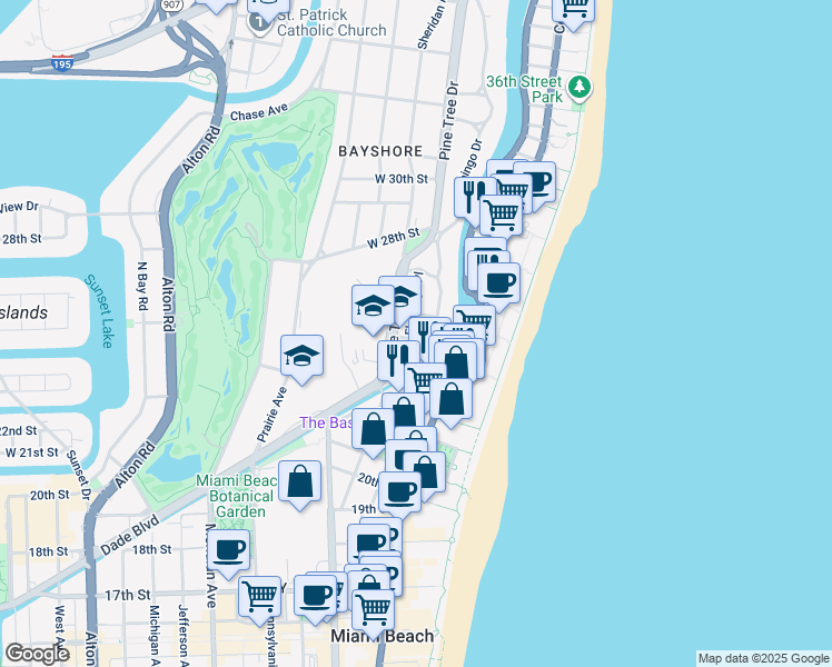 map of restaurants, bars, coffee shops, grocery stores, and more near 320 West 25th Street in Miami Beach