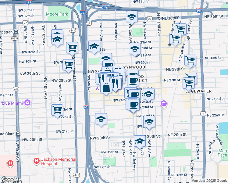 map of restaurants, bars, coffee shops, grocery stores, and more near 405 Northwest 26th Street in Miami