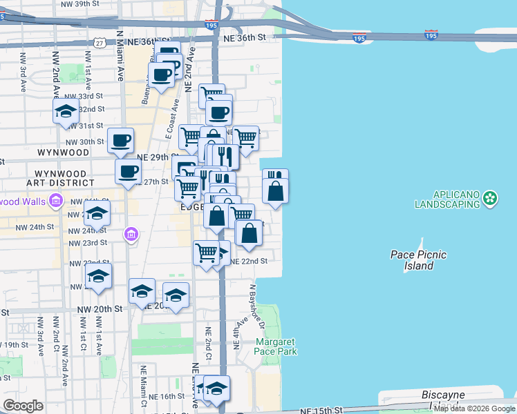 map of restaurants, bars, coffee shops, grocery stores, and more near 520 Northeast 26th Street in Miami