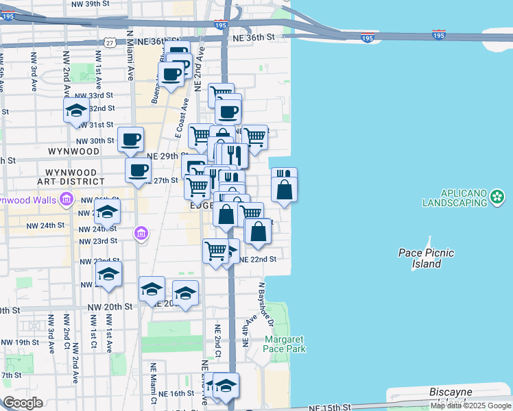 map of restaurants, bars, coffee shops, grocery stores, and more near 520 Northeast 26th Street in Miami