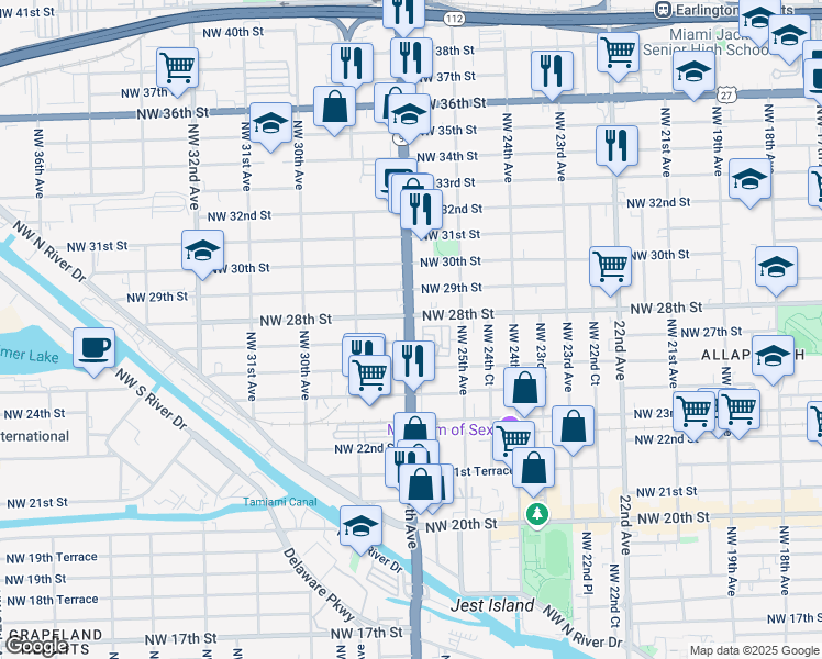 map of restaurants, bars, coffee shops, grocery stores, and more near 2650 Northwest 28th Street in Miami