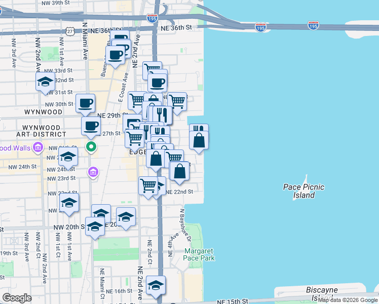 map of restaurants, bars, coffee shops, grocery stores, and more near 520 Northeast 26th Street in Miami