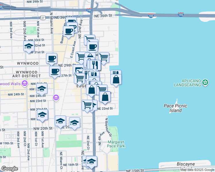 map of restaurants, bars, coffee shops, grocery stores, and more near 520 Northeast 26th Street in Miami