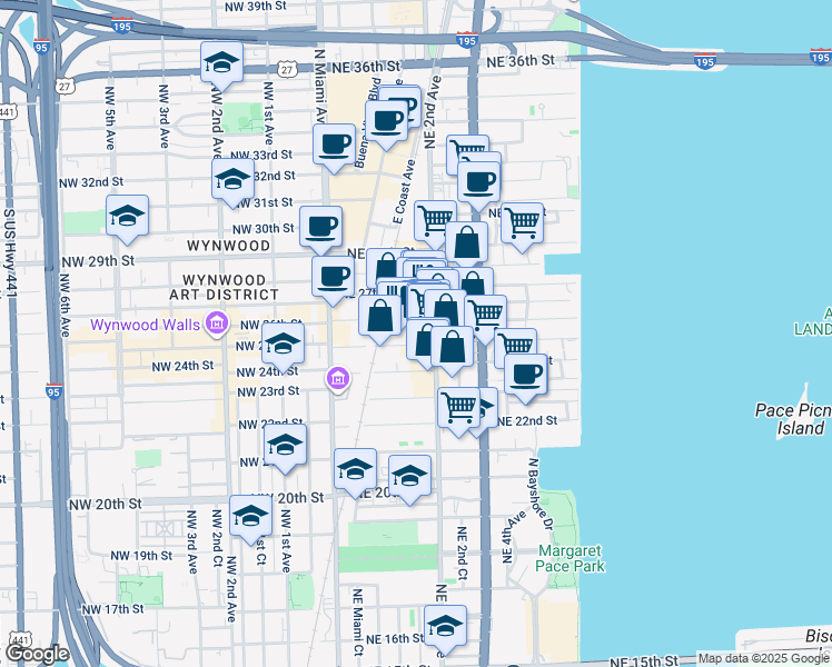 map of restaurants, bars, coffee shops, grocery stores, and more near in Miami