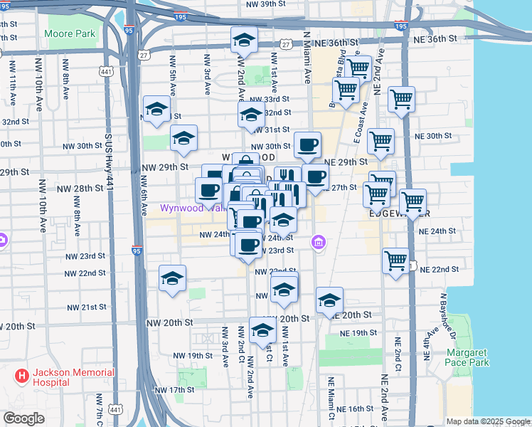 map of restaurants, bars, coffee shops, grocery stores, and more near in Miami