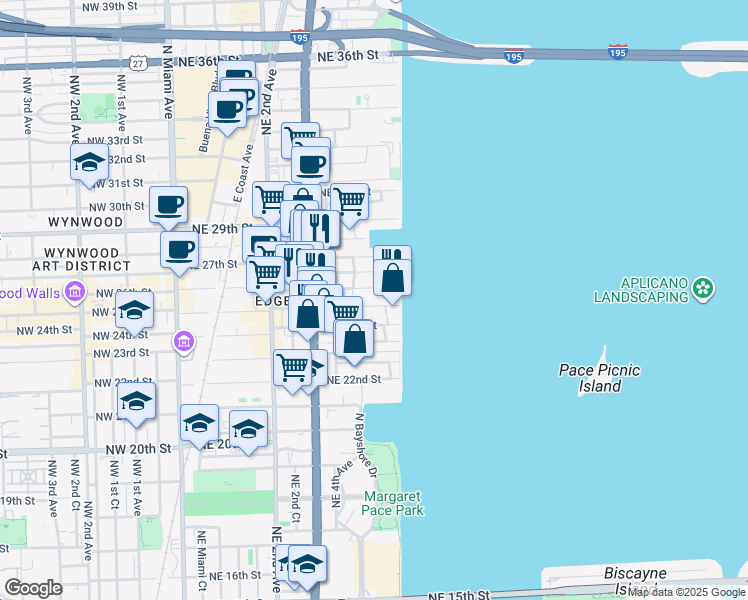 map of restaurants, bars, coffee shops, grocery stores, and more near 520 Northeast 26th Street in Miami