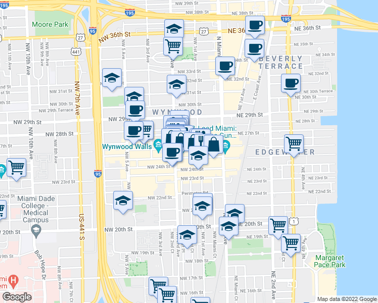 map of restaurants, bars, coffee shops, grocery stores, and more near in Miami