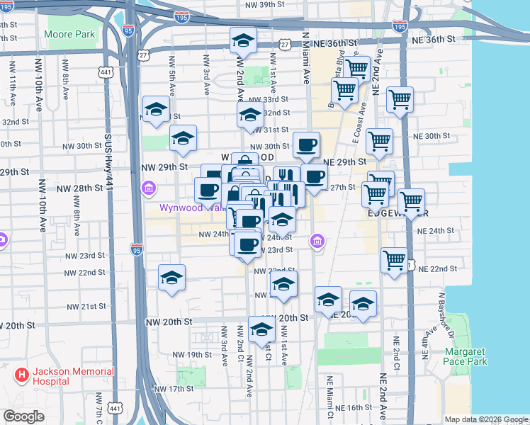 map of restaurants, bars, coffee shops, grocery stores, and more near in Miami