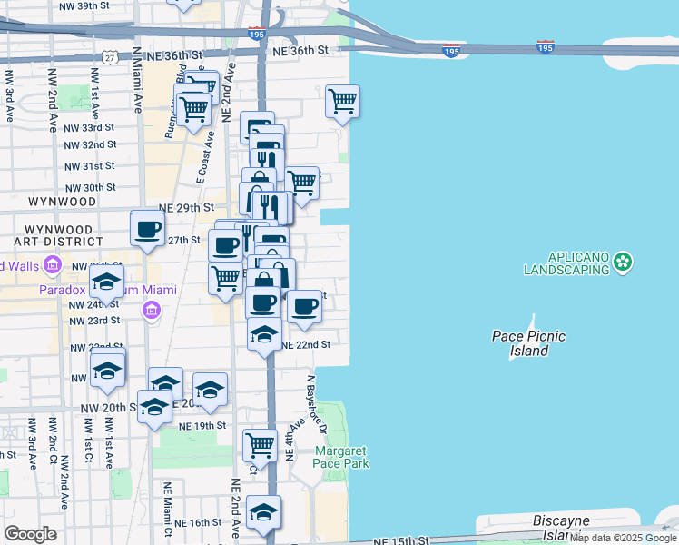 map of restaurants, bars, coffee shops, grocery stores, and more near 665 Northeast 25th Street in Miami
