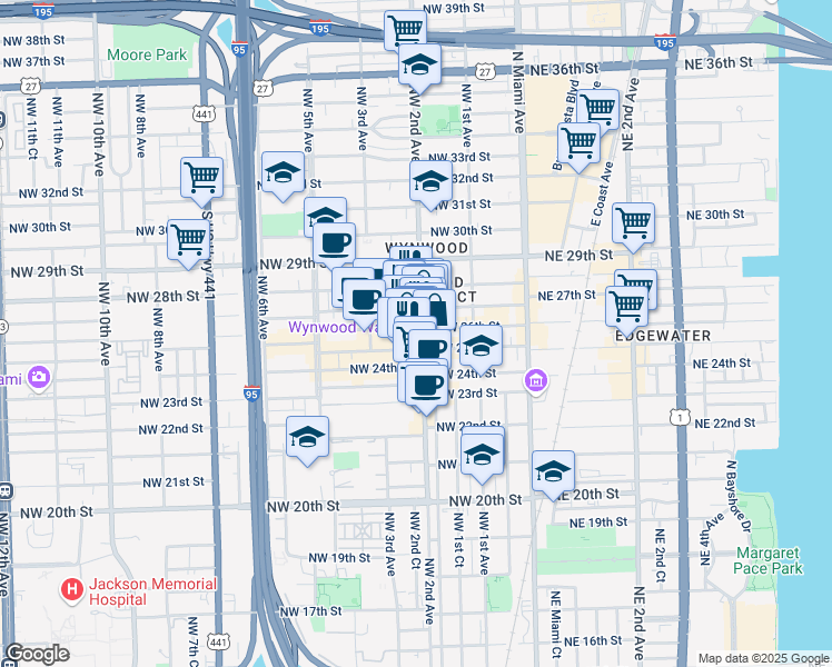 map of restaurants, bars, coffee shops, grocery stores, and more near 2550 Northwest 2nd Avenue in Miami