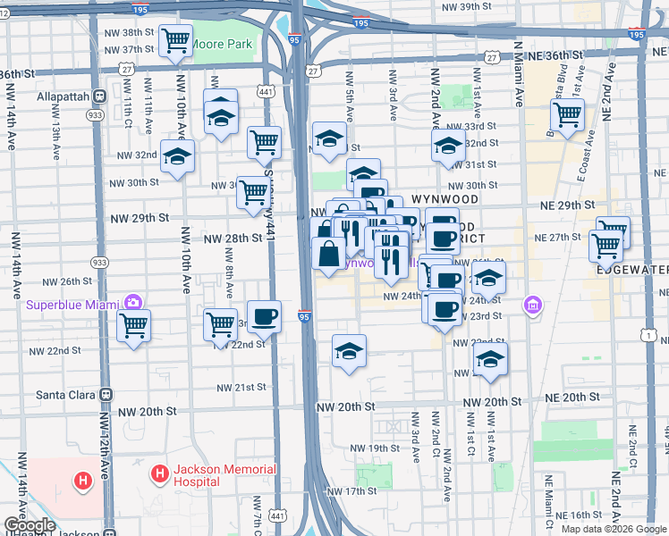 map of restaurants, bars, coffee shops, grocery stores, and more near 2626 Northwest 5th Avenue in Miami