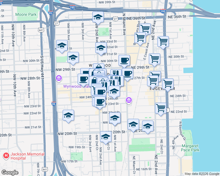 map of restaurants, bars, coffee shops, grocery stores, and more near 108 Northwest 26th Street in Miami