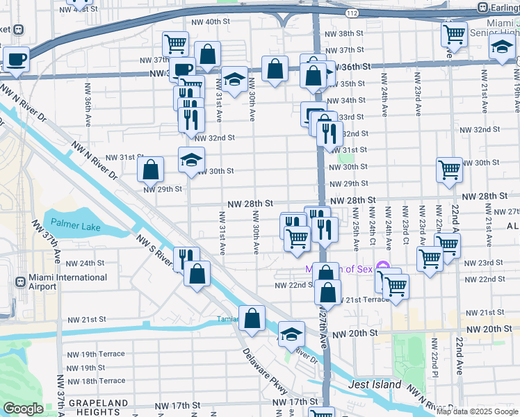 map of restaurants, bars, coffee shops, grocery stores, and more near 2990 Northwest 28th Street in Miami
