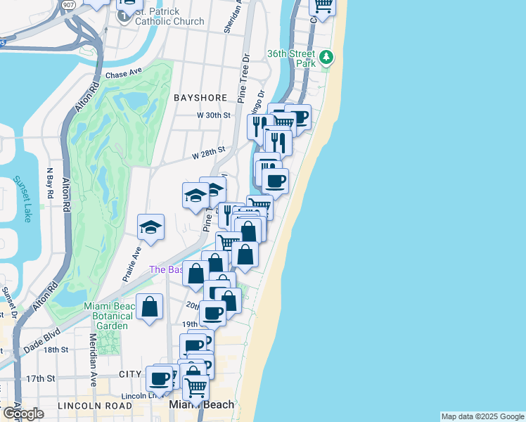 map of restaurants, bars, coffee shops, grocery stores, and more near 2500 Collins Avenue in Miami Beach