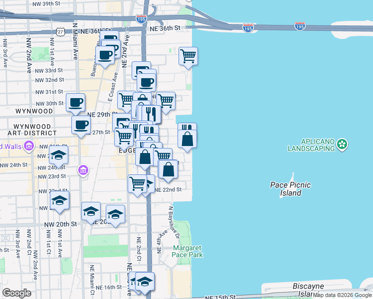 map of restaurants, bars, coffee shops, grocery stores, and more near 19380 Northeast 26th Street in Miami