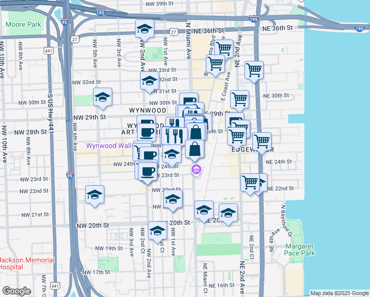 map of restaurants, bars, coffee shops, grocery stores, and more near 42 Northwest 26th Street in Miami
