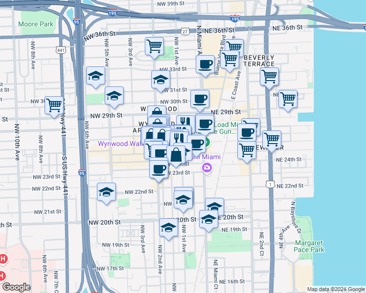 map of restaurants, bars, coffee shops, grocery stores, and more near in Miami